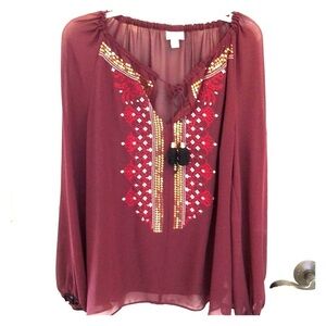 Q: 𝅺Altuzarra Blouse by Target Women Medium Burgundy Sequenced